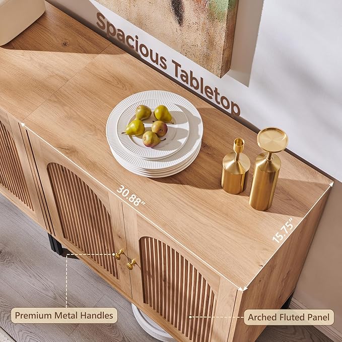 IFGET Modern Buffet Cabinet with Storage, 92.63" W Fluted Arched Sideboard Cabinet w/Adjustable Shelves, Wooden Modular Coffee Bar for Dining Room, Kitchen, Living Room, Entryway, Natural