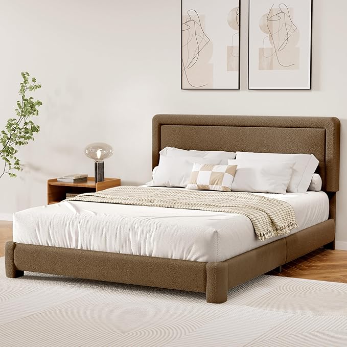 WEUP Queen Size Boucle Bed Frame, Upholstered Cloud Bed Frame with Adjustable Headboard, Soft Rounded Corners, No Box Spring Required, Easy Assembly, Coffee