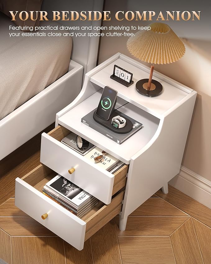Narrow Nightstand with Drawers, 15.7" Slim Solid Wood Bedside Table with Open Shelf & Cable Hole, Modern Storage Side Table for Bedroom, Living Room, White