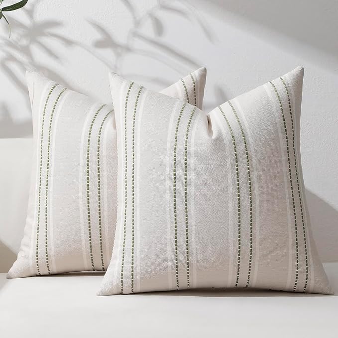 Hckot Sage Green Throw Pillow Covers 16x16 Set of 2 Striped Pillow Covers Christmas Decorative Pillows Square Cushion Covers for Sofa Couch Bed Living Room Farmhouse Decor, Green