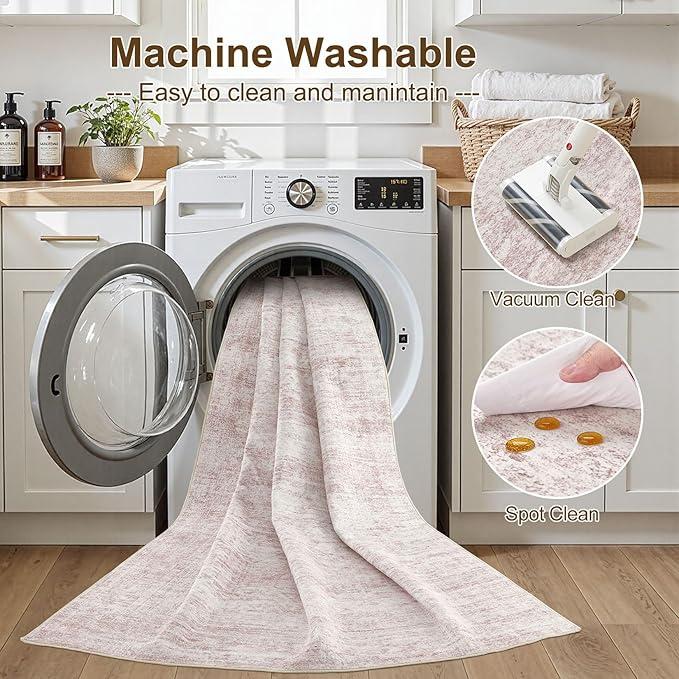 cotiled Large Area Rugs for Living Room 9x12, Machine Washable Rugs with Non Slip Backing Modern Neutral Abstract Rugs Stain Resistant Distressed Carpets for Home Office Decor (9x12 Pink)