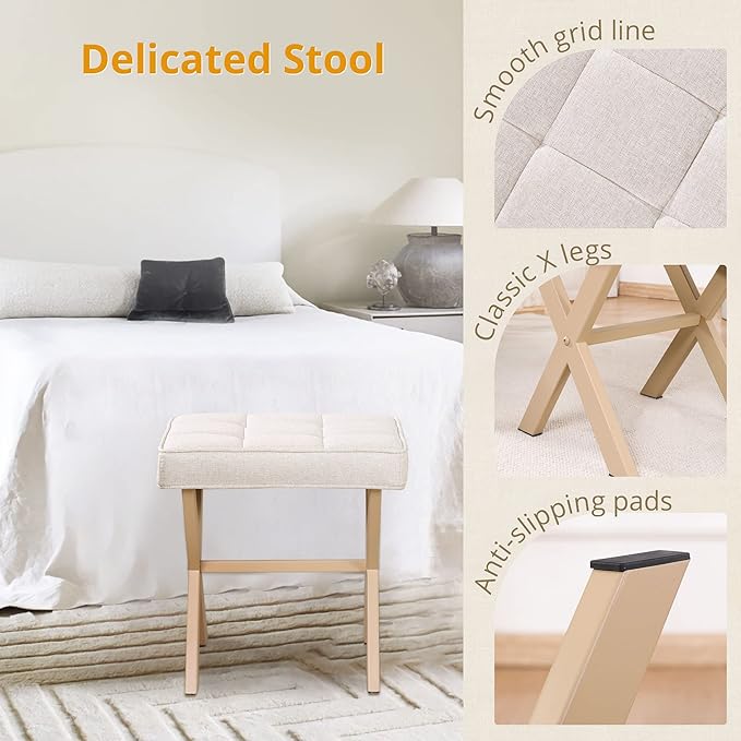 LUE BONA Square Linen Makeup Stool, Metal X Legs, Small Ottoman Stool Chair for Vanity, Modern Padded Seat Foot Rest for Makeup Room, Bathroom