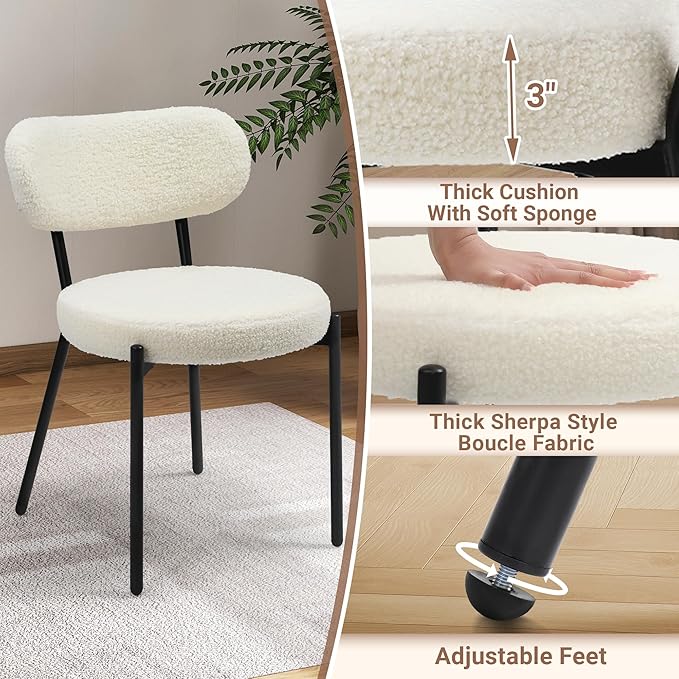 Murago Dining Chairs Set of 2, Boucle Comfortable Upholstered Seat Fabric with Curved Backrest, Mid Century Modern Contemporary Scandinavian Designer Chairs Ideal for Dining Room, Kitchen, White