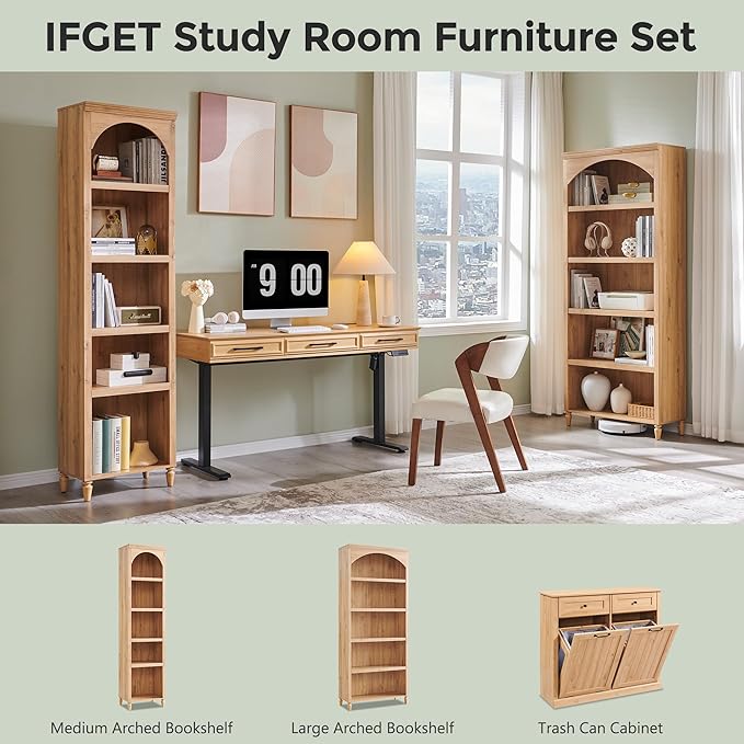 IFGET 76" Tall Arched Bookcase, Farmhouse 5 Tiers Narrow Arched Bookshelf Cabinet with Adjustable Shelves, Modern Wooden Book Shelf w/Storage and Open Display Shelves for Living Room, Office-Natural