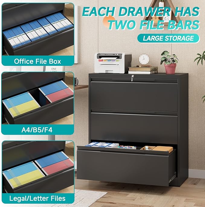 3 Drawer Lateral File Cabinet with Lock, Heavy-Duty Metal Filing Cabinet for Home Office, Steel Storage Compatible with Hanging Files Letter/Legal/F4/A4 Sizes, Black