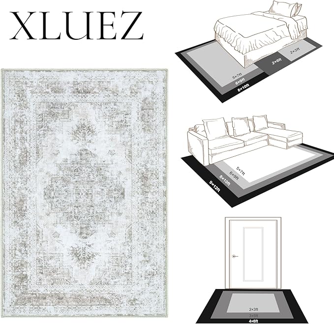 XLUEZ Area Rug 10x12 Living Room Rugs, Machine Washable Vintage Distressed Medallion Rug Non-Slip Soft Low Pile Large Indoor Rugs for Bedroom Kitchen Dining Room Office(Taupe,10'x12')