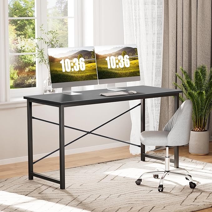 Sweetcrispy Computer Office Desk 55 Inch Student Study Writing Work with Metal Frame Wood Tabletop Modern Simple PC Home Bedroom Table - Black