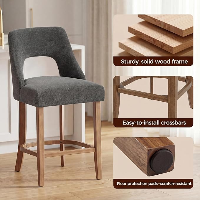 UVV Bar Stools Set of 2, Upholstered Counter Height Bar Stools, Modern Counter Stools with Wood Legs for Kitchen Island Dining Room Bar, Dark Grey