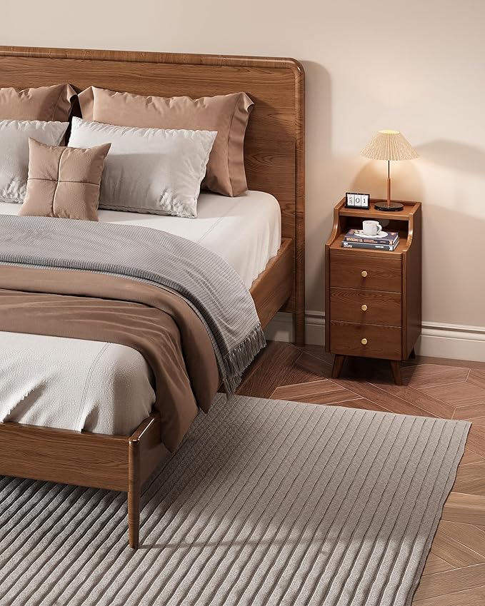 Narrow Nightstand with Drawers, 11.8" Solid Wood Nightstand with Open Shelf & Cable Hole, Modern Night Stand Slim Bedside Table for Small Spaces, Bedroom, Living Room, Study
