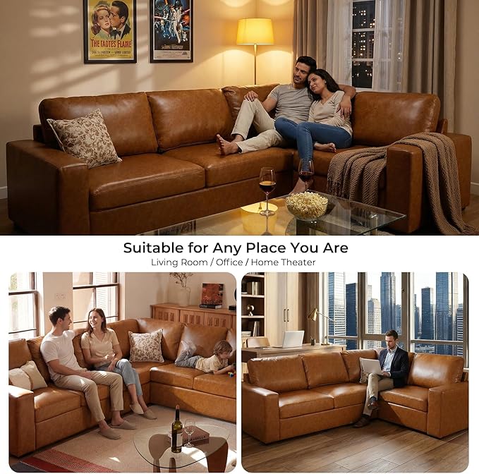 ELUCHANG 113" V-Shaped Modular Sectional Sofa Couch, Modern 4-Seat Premium Faux Leather Deep Seat Sofa with Corner, Removable Cover, Easy Assembly, Large Sofas & Couches for Living Room, Office, Brown | Spring Cushions, Easy to Clean