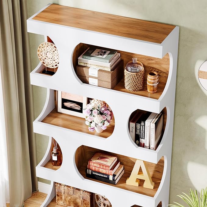 Tribesigns 71" Tall Bookcase, 4-Tier S-Shaped Bookshelf, Wood Decorative Storage Shelving, Modern Freestanding Display Shelves, Large Library Book Shelf Unit for Home Office Living Room, White & Brown