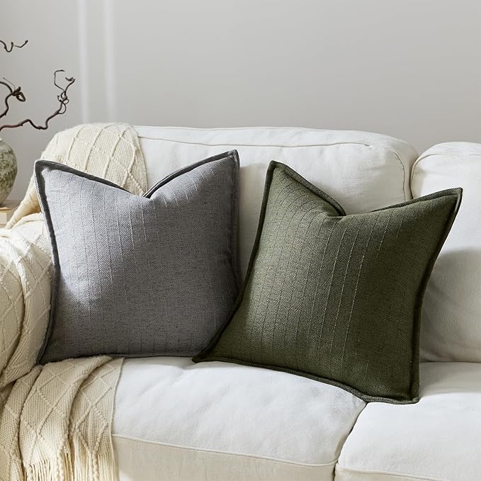DEZENE 26x26 Linen Euro Sham Pillow Covers Olive Green Pack of 2 Farmhouse Boho Neutral Accents Striped Textured Square Decorative Throw Pillow Cases for Living Room Couch Bed Home Decor
