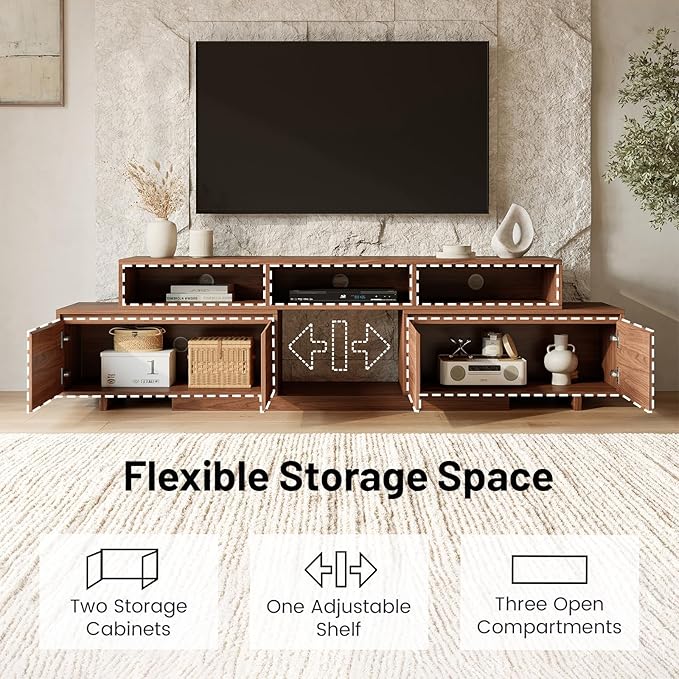 Extendable TV Stand for 65-100 Inches TVs - Walnut Entertainment Console with 2 Cabinets, 3 Open Compartments & 1 Adjustable Shelf, Cable Management, Adjustable Length 63''-94.5'' (Walnut, 63"-94.5")