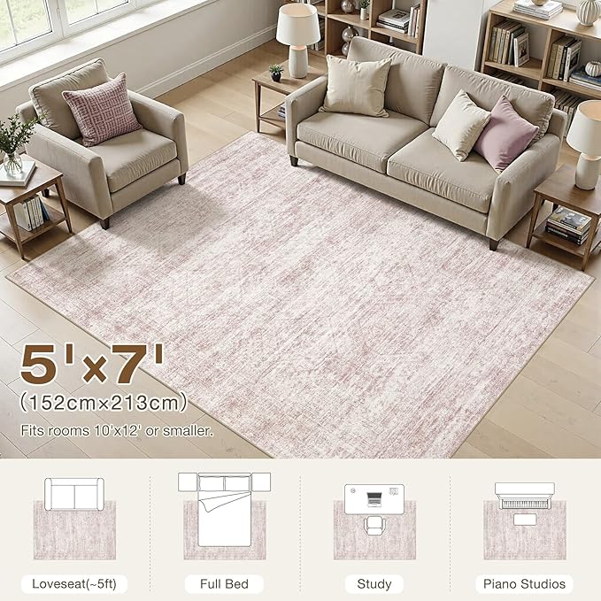 cotiled Large Area Rugs for Living Room 5x7, Machine Washable Rugs with Non Slip Backing Modern Neutral Abstract Rugs Stain Resistant Distressed Carpets for Home Office Decor (5x7 Pink)