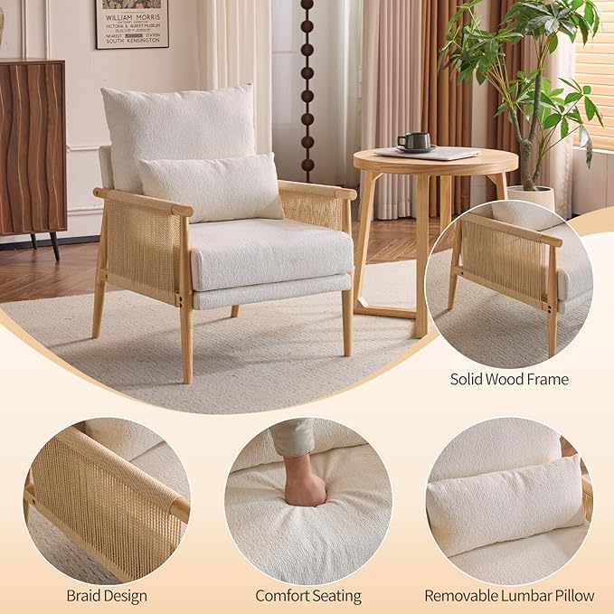 Karl home Cozy Chenille Accent Chair with Lumbar Pillow & Rattan Arms Modern Lounge Chair for Living Room, Bedroom, Reading Nook, Beige