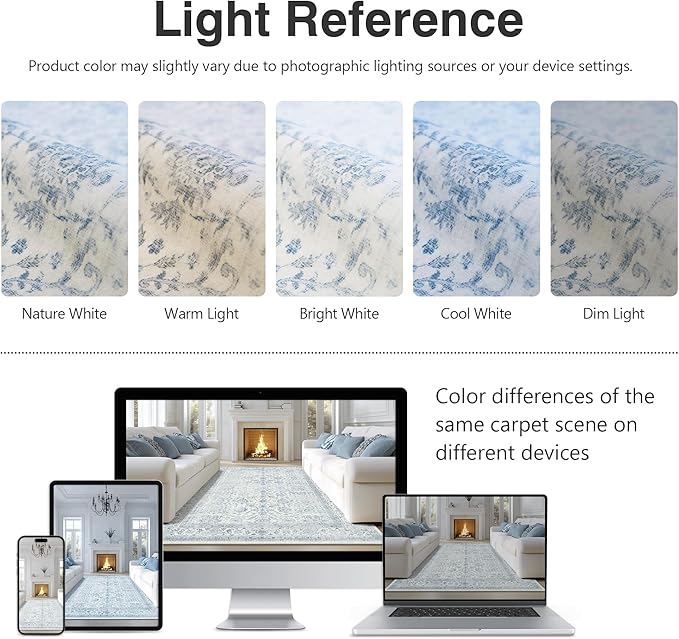 FMFUNCTEX 8x10 Washable Area Rug Blue Vintage Neutral Distressed Large Non Slip Carpet for Living Room Bedroom Soft Low Pile Indoor Mat Retro Floral Throw Rug for Dining Room Kitchen Office Nursery