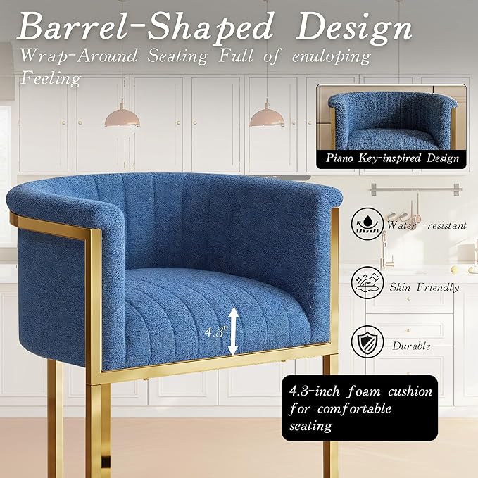 Modern Counter Height Bar Stools,Bar Stools Set of 3,Fabric Upholstered Barrel Barstools with Backs and Arms,26" Kitchen Island Chairs,Mirror Champagne Gold Base/Blue Linen