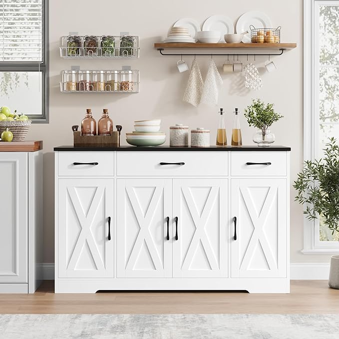 HOSTACK Buffet Sideboard Cabinet with Drawers, 55" Large Buffet Storage Cabinet with Shelves and Doors, Modern Farmhouse Coffee Bar Station Wood Kitchen Table for Kitchen, Dining Room, White/Black