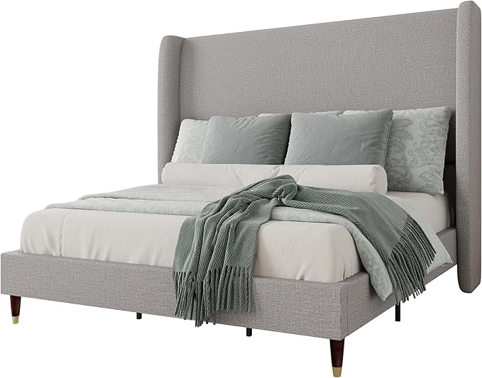 Jocisland King Size Bed Frame 51.2" Wingback Headboard Linen Upholstered Platform Bed with Solid Wood Legs & Wooden Slats, No Box Spring Needed, Modern Minimalist Style, Easy Assembly, Light Gray