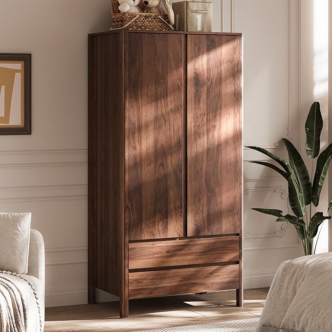 MAISONARIA Wardrobe with 2 Doors and 2 Drawers, 70.9”H Modern Walnut Bedroom Armoire Closet with Hidden Handles, Freestanding Wooden Storage Cabinet for Clothes and Essentials
