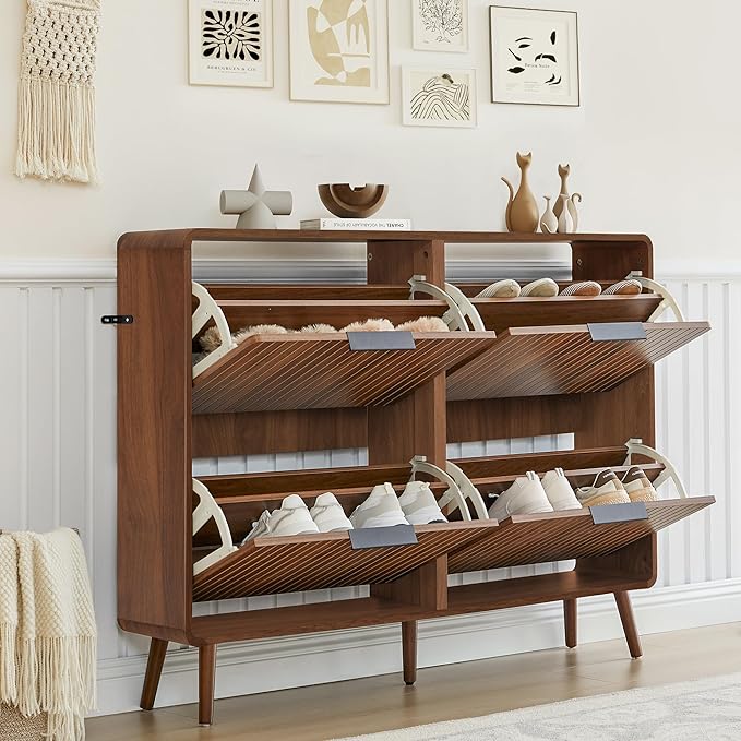 FurSch 47" Fluted Large Shoe Cabinet with 4 Flip Drawers, Slim Freestanding Shoe Cabinet Organizer, Narrow Shoes Storage Rack for Entryway, 5 Sturdy Legs (All Walnut, 9.45" D x 47.24" W x 35.83" H)