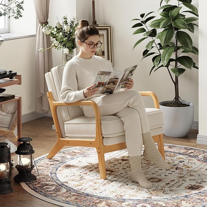 MALOL Mid-Century Accent Chair Set of 2 with Solid Wood Frame, Reading Relaxing Armchair Lumbar Pillow& Soft Cushion, Leisure Chair for Living Room, Bedroom, Waiting Room-Beige