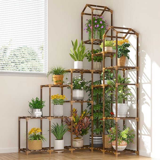 EnHomee 73.6" H Plant Stand Indoor Outdoor Tall Plant Shelf for 17-23 Pots Corner Tiered Plant Stands for Multiple Plants Wood Hanging Plants Holder for Garden Balcony Patio Window Porch