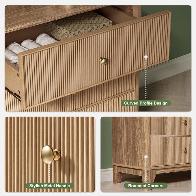 INNOD Fluted 6 Drawers Dresser, 54" Wide Modern Chest of Drawers with Round Corners, Wooden Dresser TV Stand, Wood Drawer Organizer for Bedroom, Living Room, Hallway