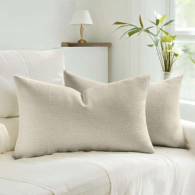 HAUSSY Beige Throw Pillow Covers 12x20 Inch Set of 2,Boho Decorative Faux Linen Lumber Throw Pillows Cozy Farmhouse Accent Cushion Covers,Home Decor for Couch Sofa Bed Living Room