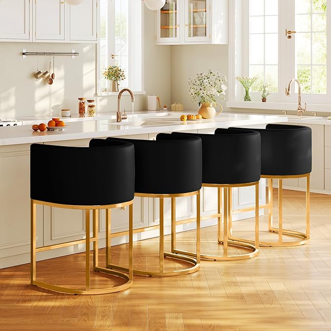 Modern Counter Height Bar Stools,Bar Stools Set of 4,PU Leather Upholstered Barrel Barstools with Backs,26'' Kitchen Island Chairs,Metal Gold Frames,Black Leather