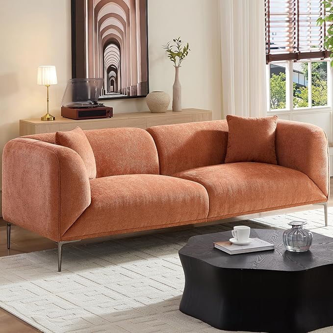MEETAKING 82.7" Modern Boucle Sofa, 3-Seater Upholstered Couch with Metal Legs, Luxury Deep Seats Cloud Curved Sofas, Minimalist Comfy Couches for Living Room, Apartment, Home Office, Bedroom - Orange