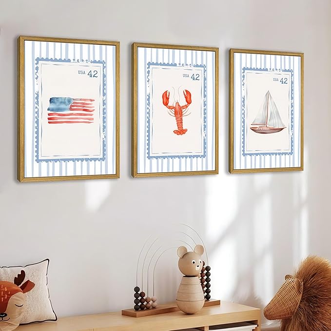 Wood Framed Blue Beach Stamp Set of 3 Canvas Poster Coastal Granddaughter Room Wall Art Decor Vintage Preppy Aesthetic Prints Artwork for Girly Dorm Apartment Ocean Home Decoration 12x16 Inch