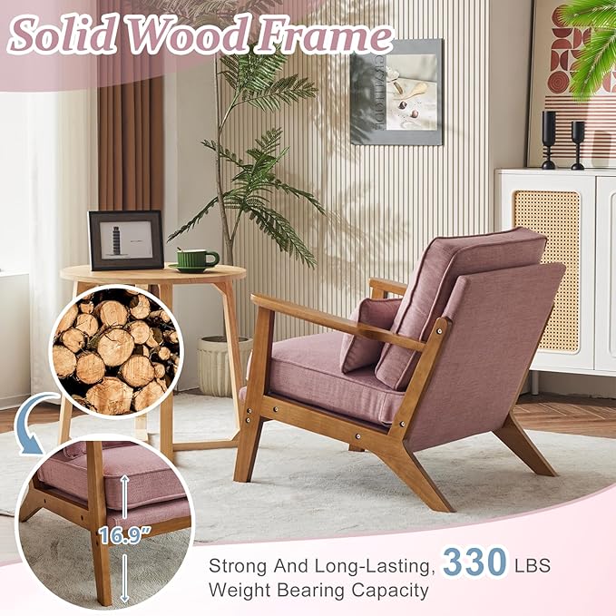 VINGLI Solid Wood Wide Armrests Accent Chair,Upholstered Mid Century Modern Chair with Pillow,Comfy Reading Chair Farmhouse Arm Chair,Chairs Living Room,Bedroom,Guest Room,Linen Fabric,Peachy Red