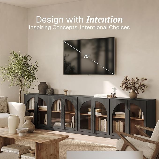 BELLEZE 4-Piece Modular TV Stand Set,Modern Entertainment Center with Arched Glass Door,Sideboards with Adjustable Shelves & Wide Wooden Handle,Classic Media Console Cabinet for Living Room(Ebony)
