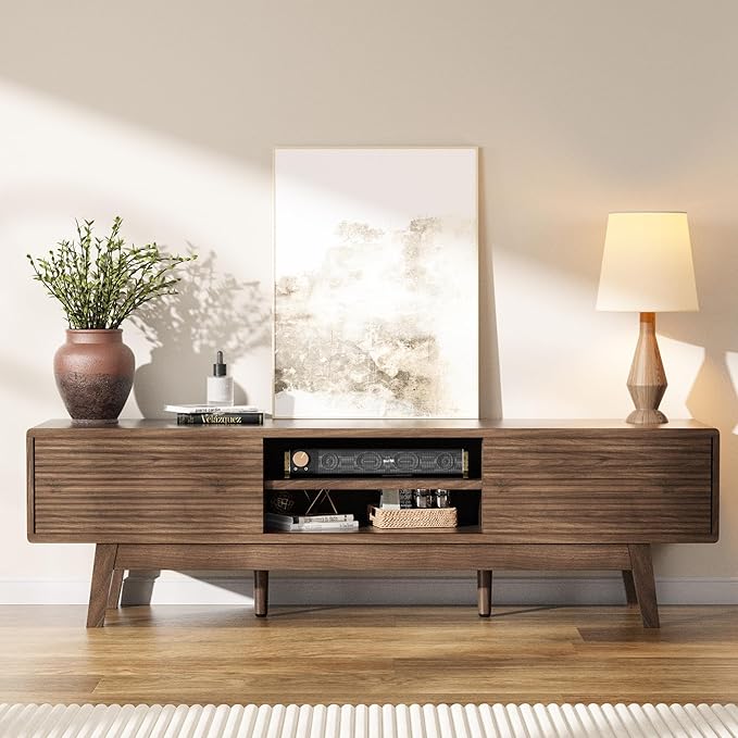 MU 59 Inch TV Stand for TVs up to 65 Inch, Mid Century Modern TV Console with Fluted Sliding Doors & Shelves, Low Profile Entertainment Center for Bedroom, Living Room (Walnut, 59")