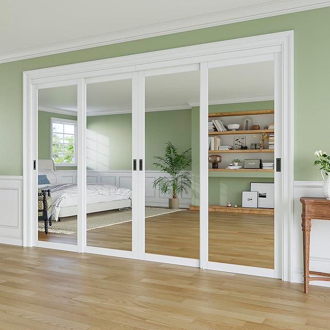 Sliding Closet Door for 120" x 80" Opening, One-Side Mirror Bypass Door Panel with Hardware Track Kit & Floor Guide, Solid Wood Slab Pre-Assembled for Kitchen/Bedroom/Laundry, Black Handle, Primed