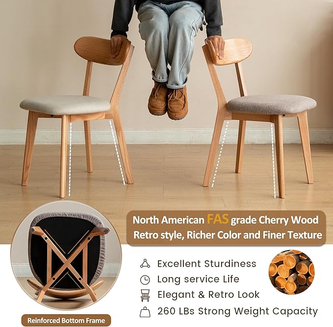 Modern Solid Wood Dining Chair Set of 6, Kitchen Dining Room Chair with Upholstered Cushion and Seat Cover, Curved Backrest, 100% FAS Grade North America Oak Wood