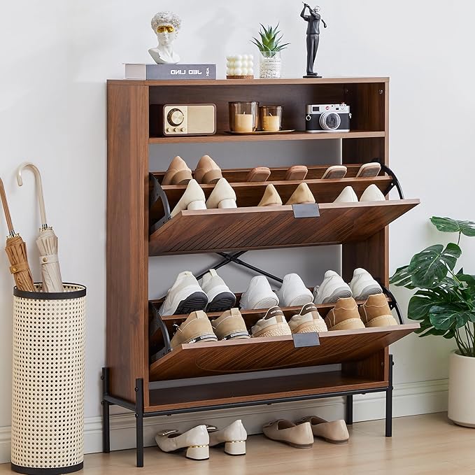 FurSch Fluted Shoe Cabinet with 2 Flip Drawers, Slim Freestanding Hidden Shoe Cabinet Organizer, Narrow Shoes Storage Rack for Entryway (All Walnut-2 Drawers, 9.45" D x 31.5" W x 41.93" H)