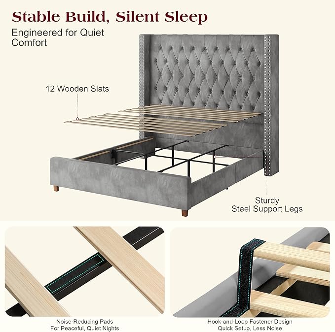 PaPaJet California King Size Bed Frame with 61.4" Tall Wingback Design Headboard, Velvet Upholstered Platform, Handmade Deep Button Tufting, Solid Wood Legs, No Box Spring Needed, Grey