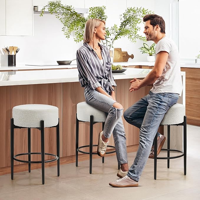 Murago Counter Height Bar Stools, Set of 2, 24" Modern Backless Bar Stools, Ideal for Kitchen Counter, Kitchen Island, Boucle Sherpa Padded Cover, with Round Soft Seat and Foot Rest, White