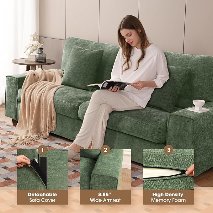 DOPEDIO Modern Living Room Sofa Set, 71.25" Chenille Loveseat with 2 Accent Chairs, Removable Covers, Spring Cushions, Solid Wood Frame, Easy Assembly（71.25inch+2 Single,Green）