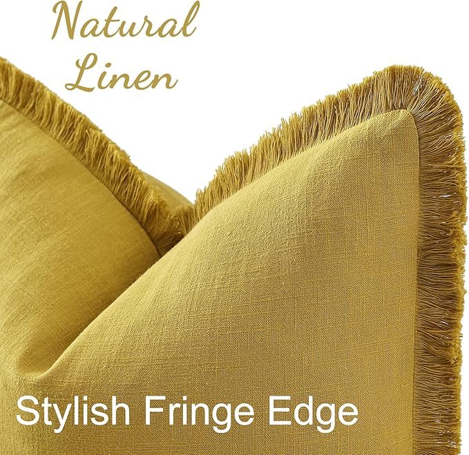 decorUhome Summer Decorative Neutral Linen Fringe Euro Sham Throw Pillow Covers Set of 2 Mustard Yellow Pillow Covers with Tassels Soft Farmhouse Boho Accent Pillow Cases for Couch Bed Sofa 22x22 Inch