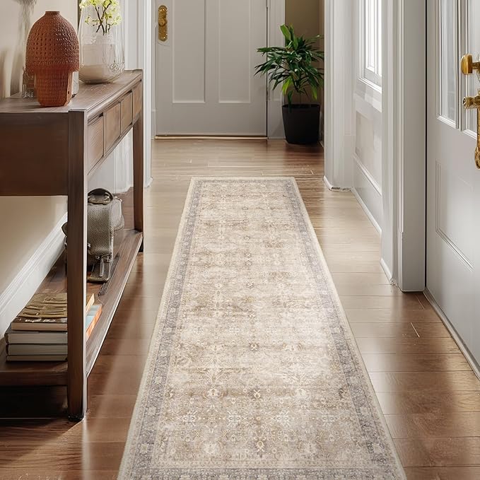Neutral 2x7 Runner Rug Non Slip, Vintage Earth Tone Entryway Rugs for Inside House Mudroom, Kitchen Runner Rugs Non Skid Washable, Carpet Runner for Bathroom Laundry Room Bedroom Farmhouse