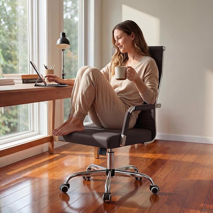 Furmax Ergonomic Office Desk Chair, Executive Ribbed Mid-Back PU Leather Conference Room Chair Adjustable Swivel Chair with Arms (1, Brown)