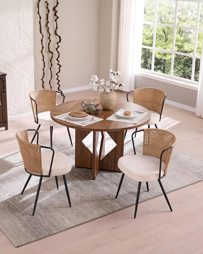 BedsPick Rattan Dining Chairs Set of 2 - Farmhouse Upholstered PE Rattan Kitchen Chair with Boucle Cushion, Wingback Dining Room Seat with Cane Back and Metal Legs for Home, Kitchen (Brown)