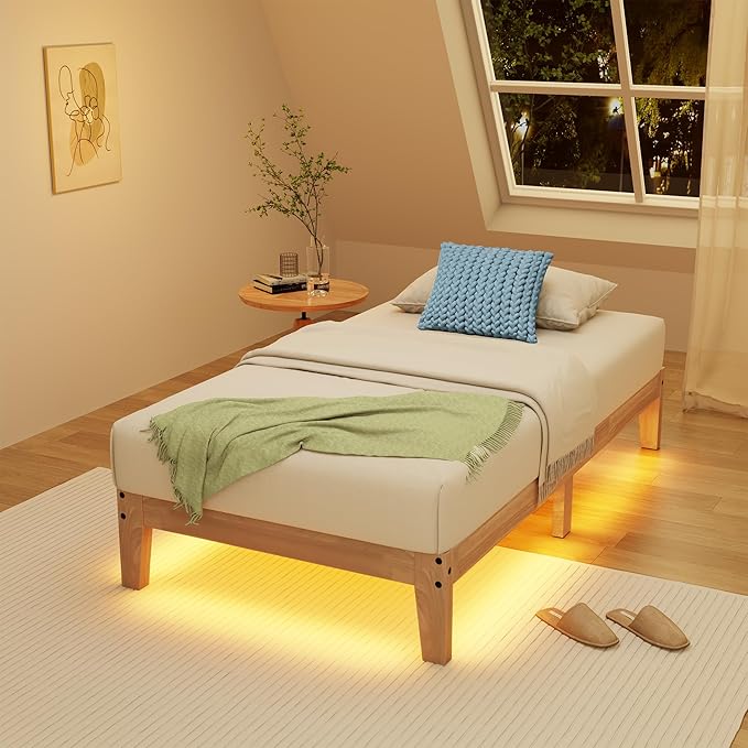 Awesofurni Twin Bed Frame with LED Lights, 12 Inch Solid Wood Platform Bed with Wooden Slats, Natural Finish, No Box Spring Needed, Noise Free - Easy Assembly