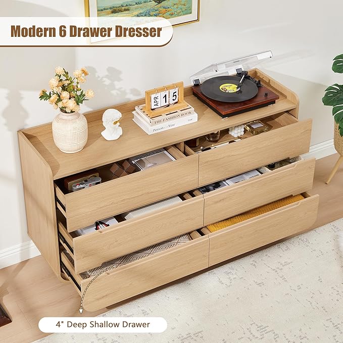 Curved 6 Drawer Dresser for Bedroom, Modern 53-Inch Chest of Drawers, Wood Storage Dresser Organizers with Hidden Handles, 6 Drawer Dressers for Bedroom, Nursery, Living Room, Natural