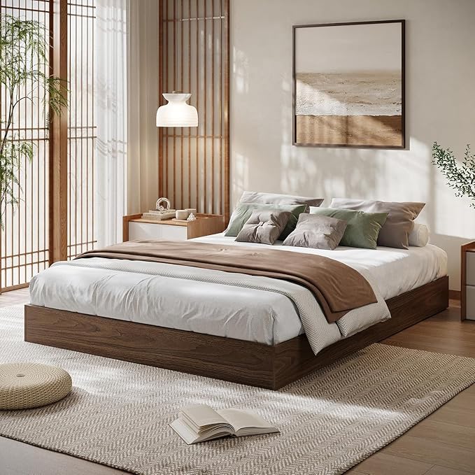 Garvee Queen Bed Frame, Wooden Platform Bed with Sturdy Slats, Modern Minimalist Design, No Box Spring Needed, Noise-Free Design, Easy Assembly, Walnut Wood