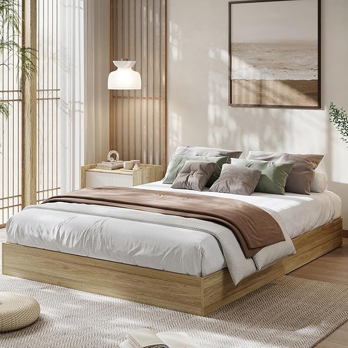 California King Size Solid Wood Platform Bed with Sturdy Wooden Slats, Floor-Standing Bed Frame, Modern Minimalist Design Bed Frame, No Box Spring Needed, Space Saver, Easy Assembly, Golden Tan Wood