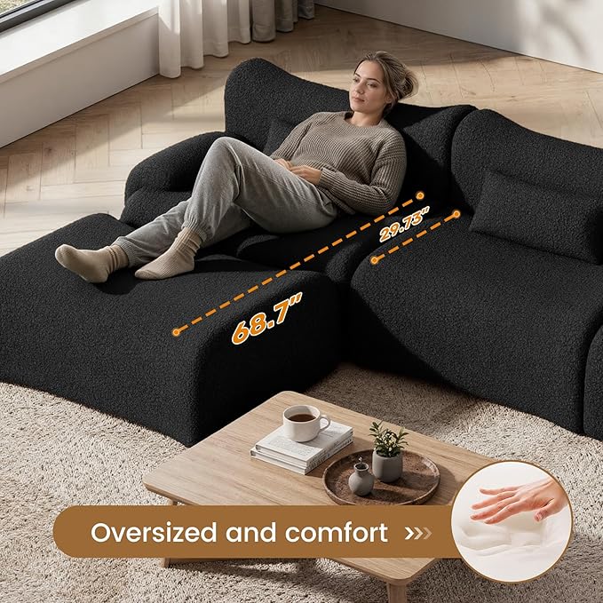 Cloud Couch Sectional, L Shaped Boneless Couches for Living Room - Oversized Modular Sofa with Deep Seats, Modern Couches with Movable Ottoman,Black